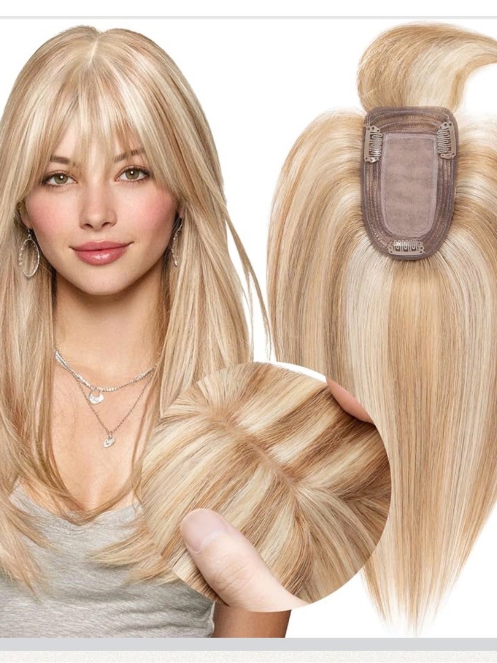 MY-LADY Real Human Hair Topper w/Bangs 7*13CM Base 18" Brown Blonde, #12/613
